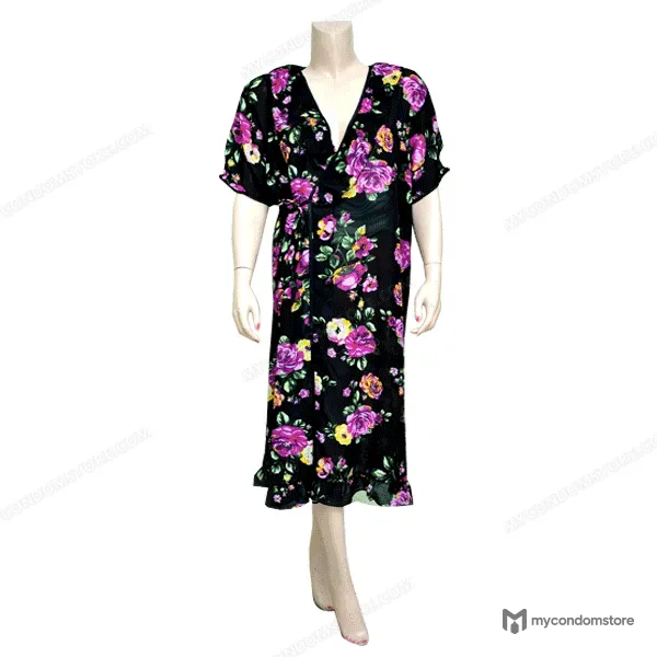 Black Silk Chemise with Multi-Floral Print