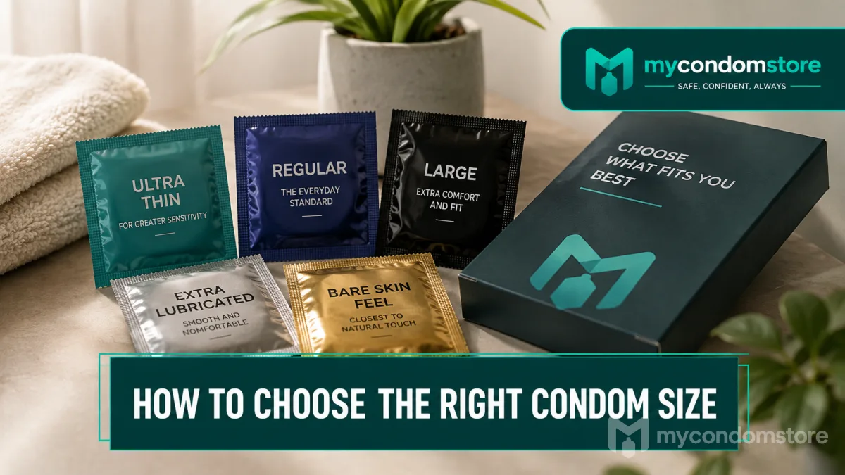 Condom pack showing nominal width printed on the box