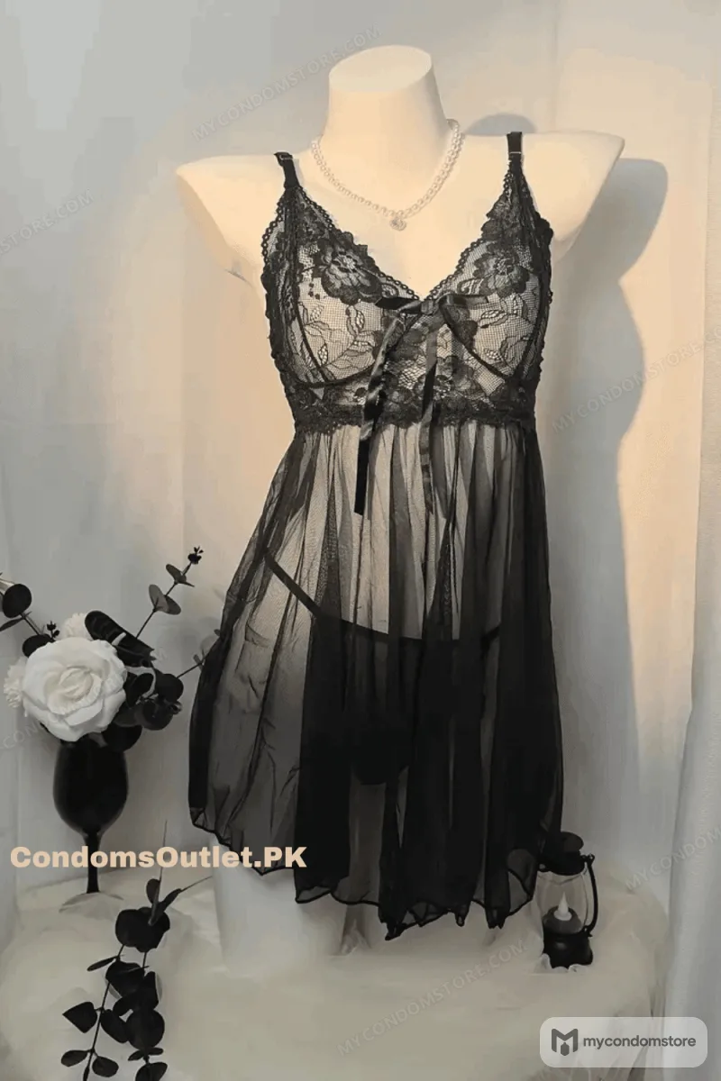 Sheer Lace-Trim Babydoll Lingerie Set – Women's Mesh Slip & Thong