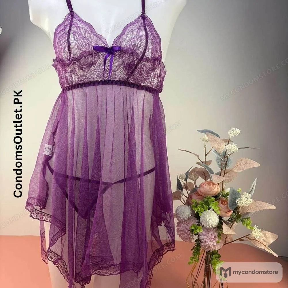 Sexy Lace V-Neck Mesh Babydoll Lingerie Set – Bowknot Detail