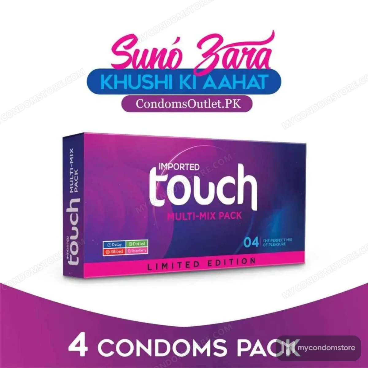 Touch Multi Mix Condoms (4 Pack) – Ribbed, Dotted, Delay & Strawberry